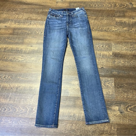 True Religion Billie Mid Rise Straight Jeans Pink Stitch Pockets Women’s 28x33 - Picture 3 of 11